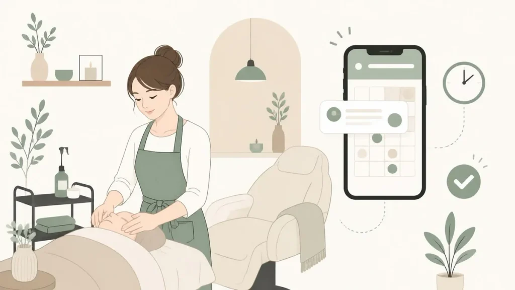 施術中のサロンスタッフとスマートフォンの予約カレンダーのイラスト