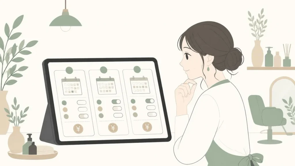 タブレットで3つの予約システムの機能と料金を比較するサロンスタッフ